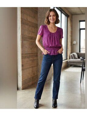 Purple Patterned Blouse By The Limited Short Sleeve Elastic Waist Lightweight Fa